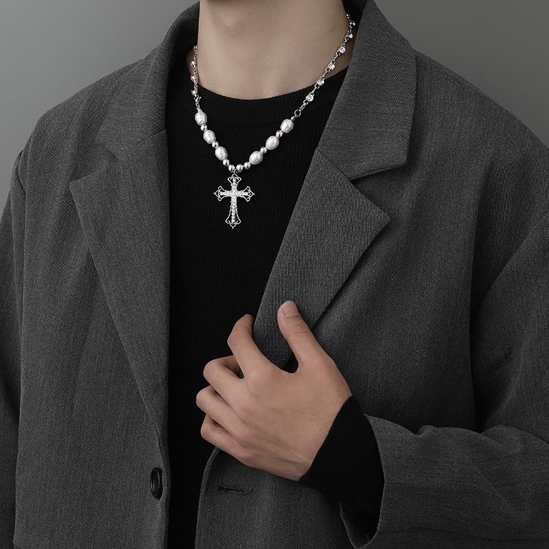 Vòng cổ Chuỗi Ngọc Trai Mặt Thánh Giá Phong Cách Hip Hop Thời Trang Cho Nam Và Nữ