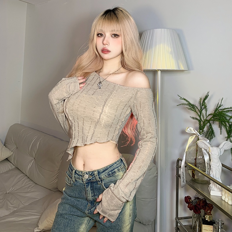 Weird Puss Áo Kiểu Trễ Vai Tay Dài Màu Trơn Đơn Giản Quyến Rũ Thời Trang Mùa Hè Cho Nữ