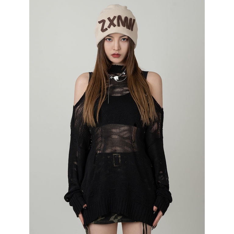 Y2k Hot Girl Áo Lưới Dệt Kim Dáng Rộng Rách Cá Tính Ngọt Ngào Cao Cấp Dễ Phối Đồ