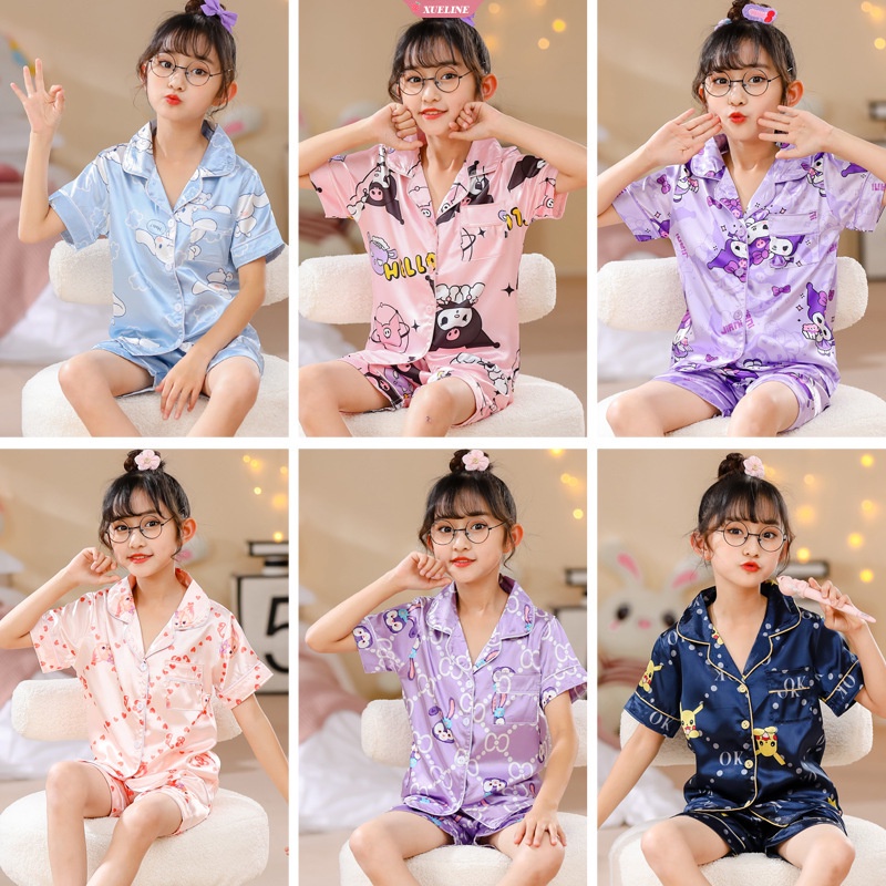 Bộ Đồ Ngủ Tay Ngắn Chất Lụa Lạnh In Hoạt Hình Sanrioed Cinnamoroll Kuromi Dễ Thương Thời Trang Mùa Hè Cho Bé