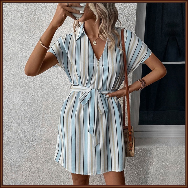 Đầm Sơ Mi Kẻ Sọc Cổ Bẻ Chất Liệu Polyester 100% Thời Trang Mùa Hè Phong Cách Âu Mỹ Cho Nữ 2023