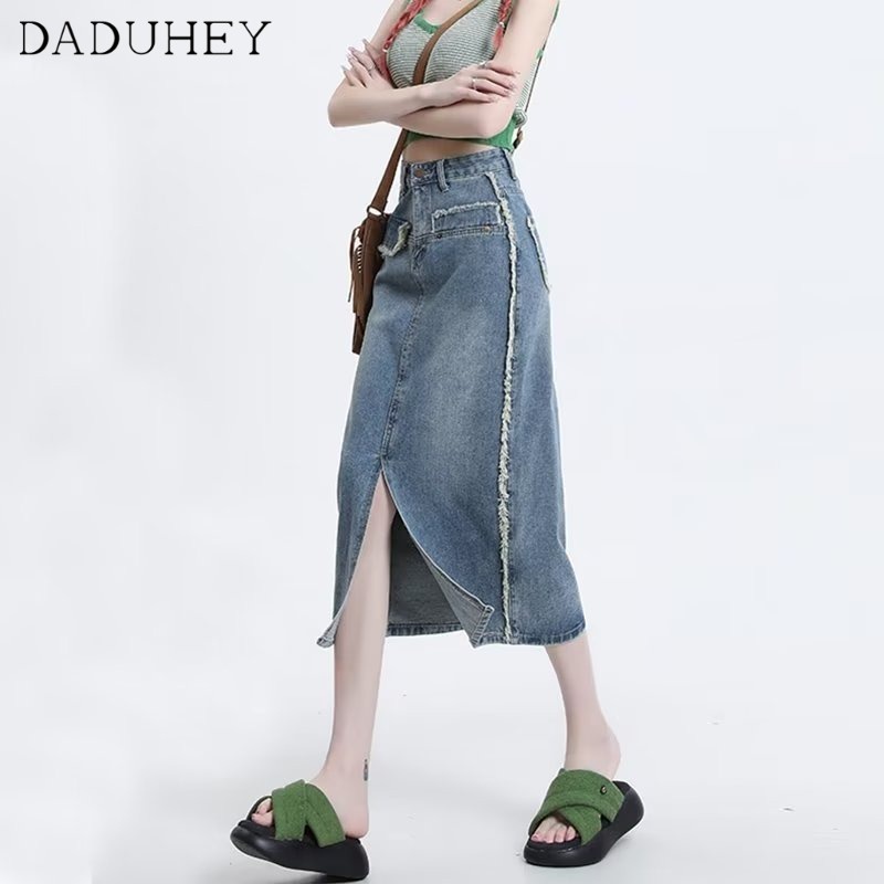 Chân váy DADUHEY denim giặt sờn cắt xẻ dáng chữ A dài lưng cao ôm mông rộng phong cách Hàn Quốc retro mới