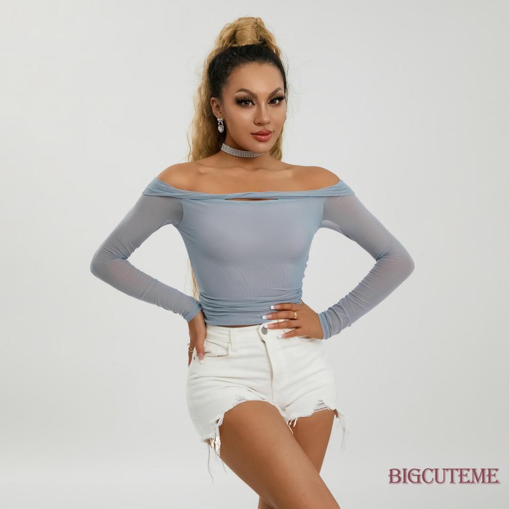 Áo Croptop Trễ Vai Tay Dài Màu Sắc Đơn Giản Cho Nữ