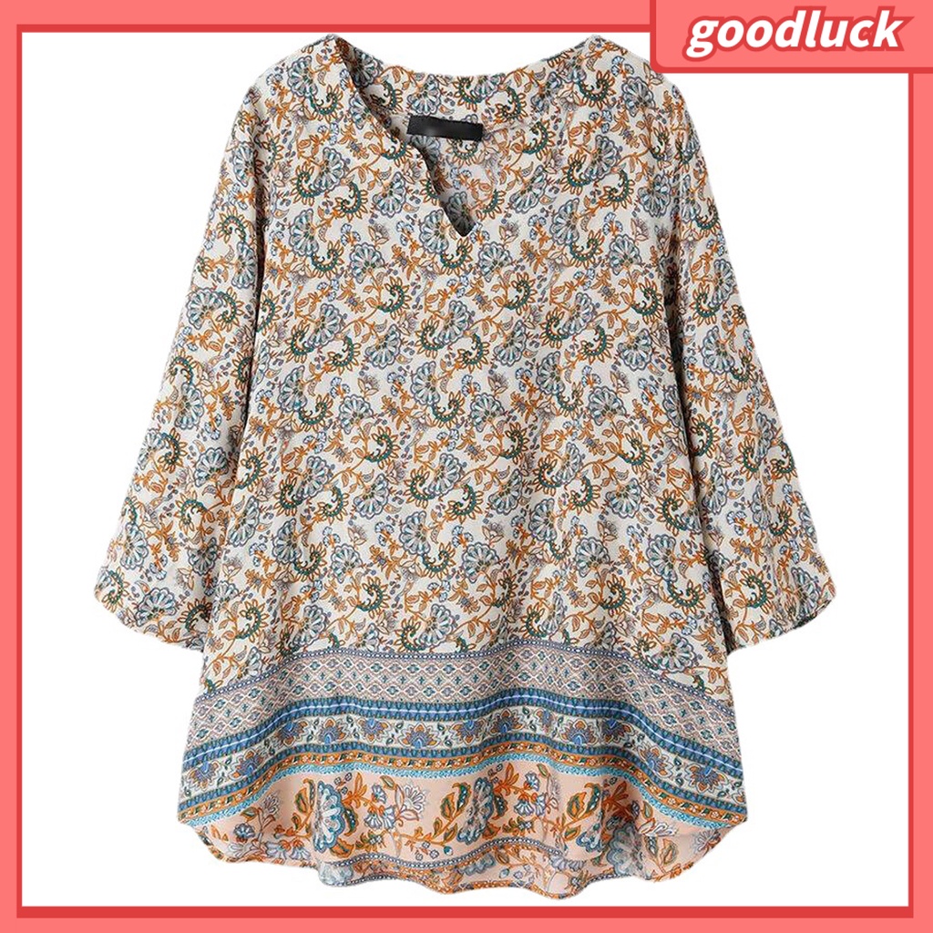 Áo Sơ Mi Tay Lỡ 3 / 4 Cổ Chữ V Họa Tiết Hoa Phong Cách Bohemian Dành Cho Nữ