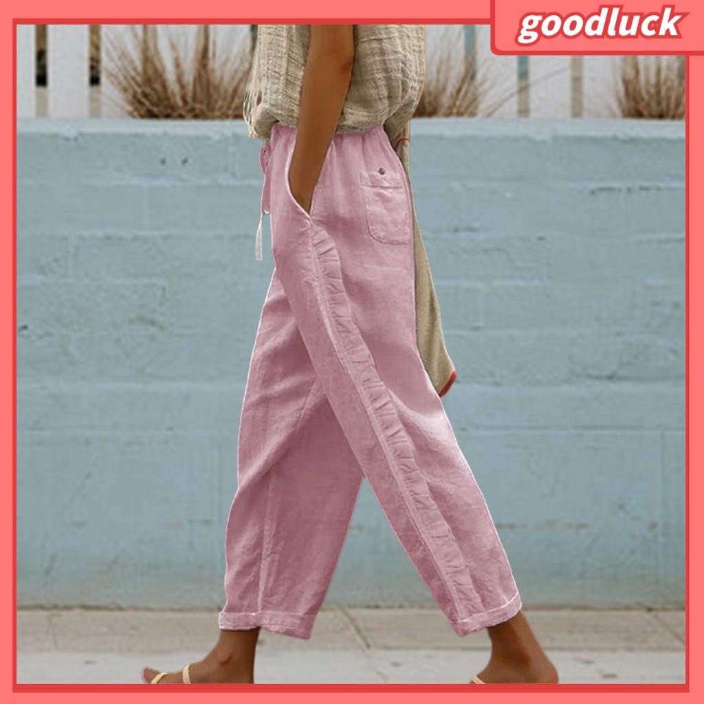 [ULK] Quần Dài Dây Rút Co Giãn Phối Viền Bèo Bên Hông Màu Trơn Thời Trang Đường Phố Mùa Hè Cho Nữ