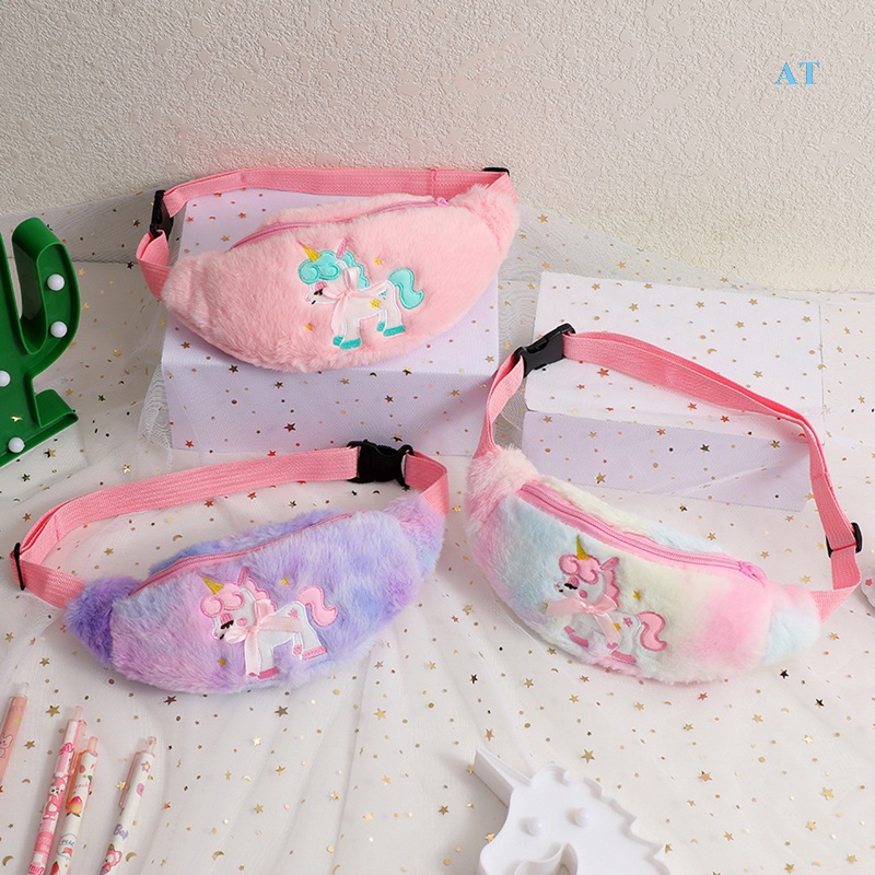 Túi Đeo Chéo Ngực / Thắt Lưng Phủ Lông Họa Tiết Kỳ Lân Hoạt Hình Dễ Thương Cho Bé Gái Mẫu Giáo
