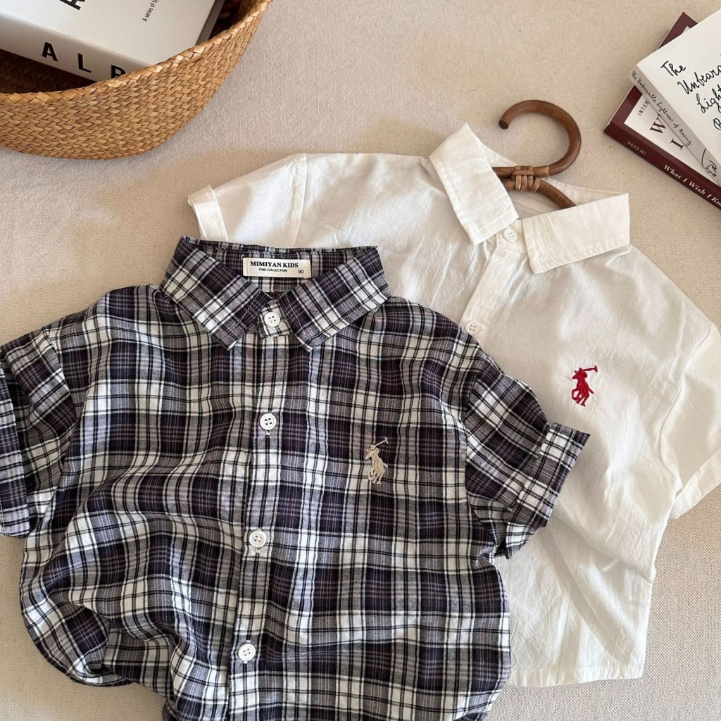Áo Sơ Mi Ngắn Tay Thêu Họa Tiết Caro Thời Trang Mùa Hè Hàn Quốc Mới Cho Bé Trai Và Gái