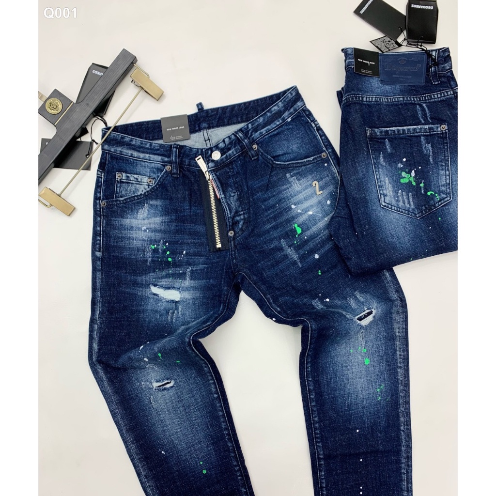 Quần Jean DSQ Xanh vẩy sơn trắng xanh khóa khuy cài LA size 44-52