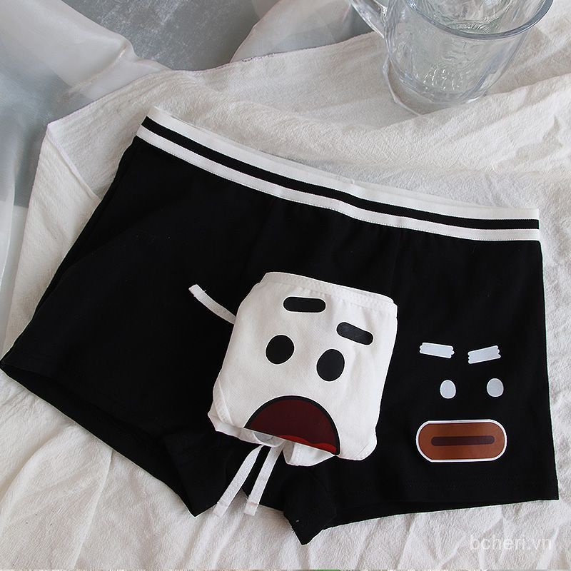 Quần Lót Cotton Màu Trắng Đen In Hình Gấu Hoạt Hình Dễ Thương Cho Cặp Đôi