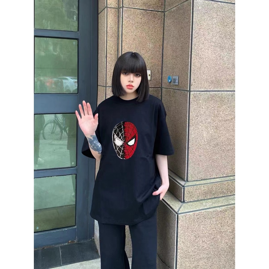 Áo Thun Cotton Đính Kim Sa Thêu Mặt Người Nhện 300g Màu Đen Đỏ