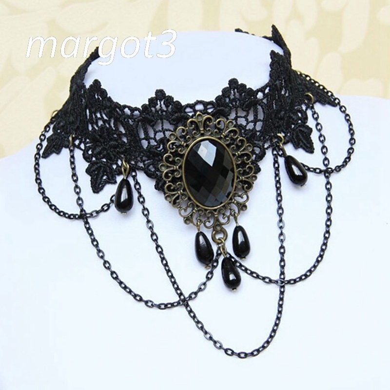 Vòng Cổ Choker Ren Màu Đen Đính Hạt Và Hoa Phong Cách Gothic Lolita