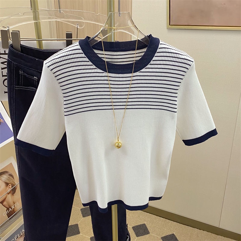 Áo Thun Tay Ngắn Cổ Tròn Họa Tiết Kẻ Sọc Thời Trang Mùa Hè Dễ Thương Cho Nữ