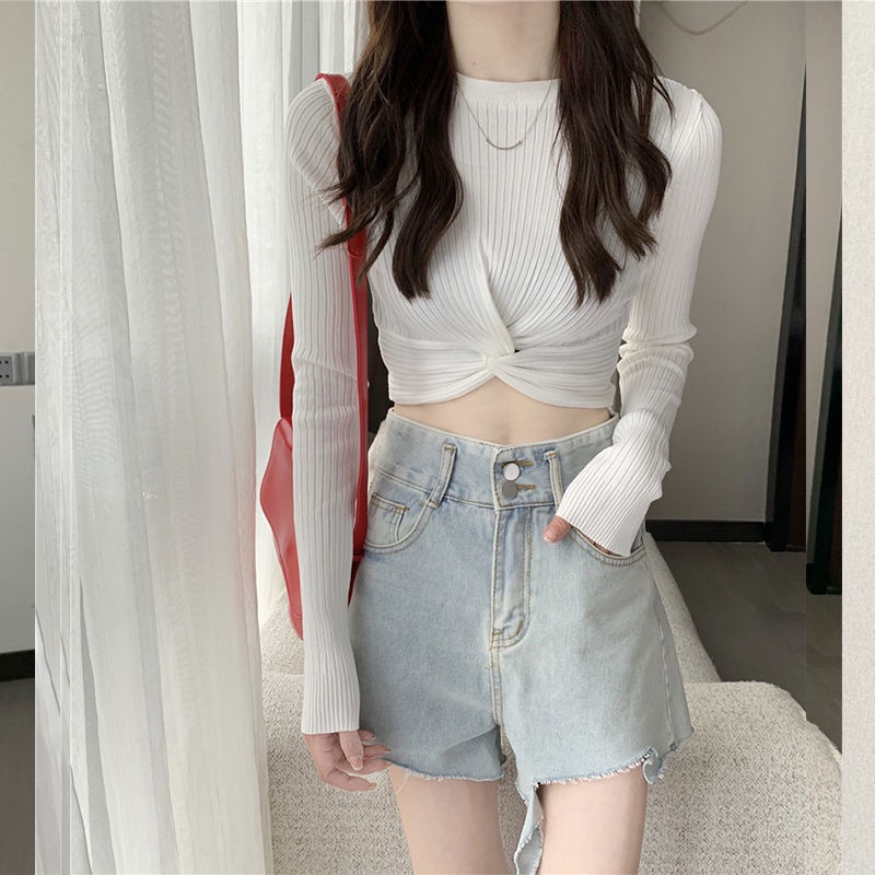 CheeseBunny Áo Dệt Kim Tay Dài Thiết Kế Đan Chéo Ngực Quyến Rũ