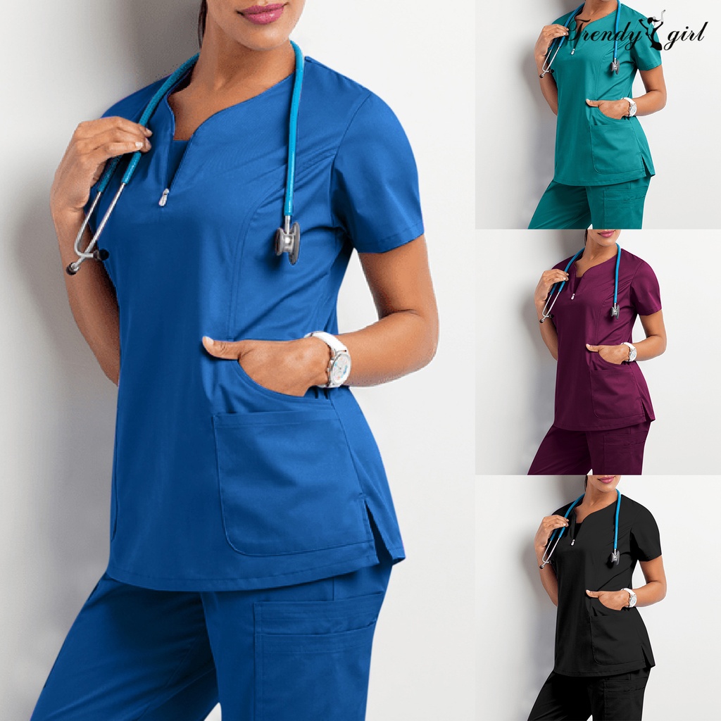 Áo Đồng Phục Y Tá Ngắn Tay Mềm Mại Cổ Chữ V Dáng Rộng Chống Nhăn Phối Túi Thời Trang