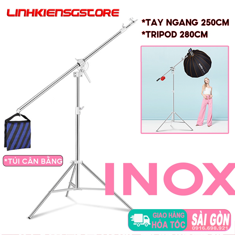 Chân Đèn Studio Inox Cao 2 mét 8 Kèm Tay Ngang Arm 2,5m Tặng Túi Cân Bằng {{linhkiensgstore}}