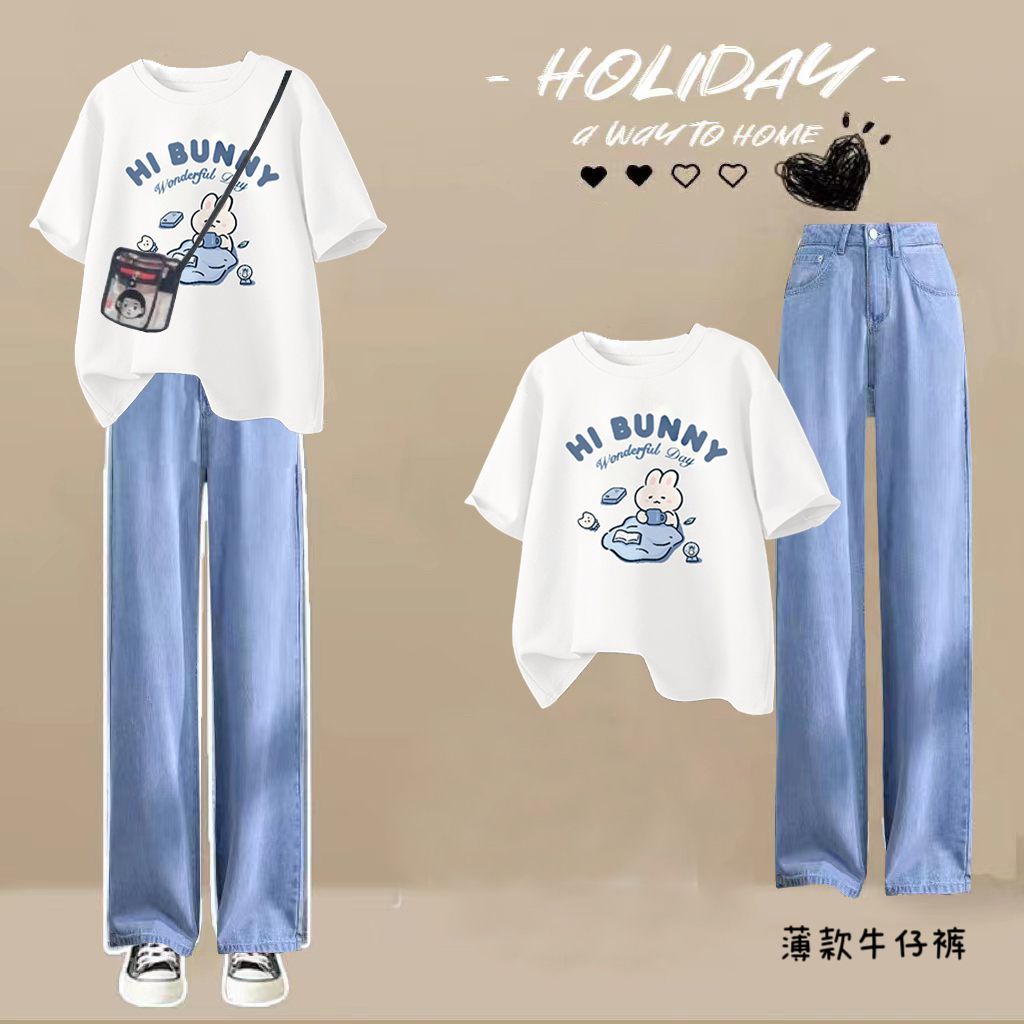 Bộ Áo Thun Cotton Dáng Rộng + Quần Jean Mỏng Thời Trang Mùa Hè Hàn Quốc 2023