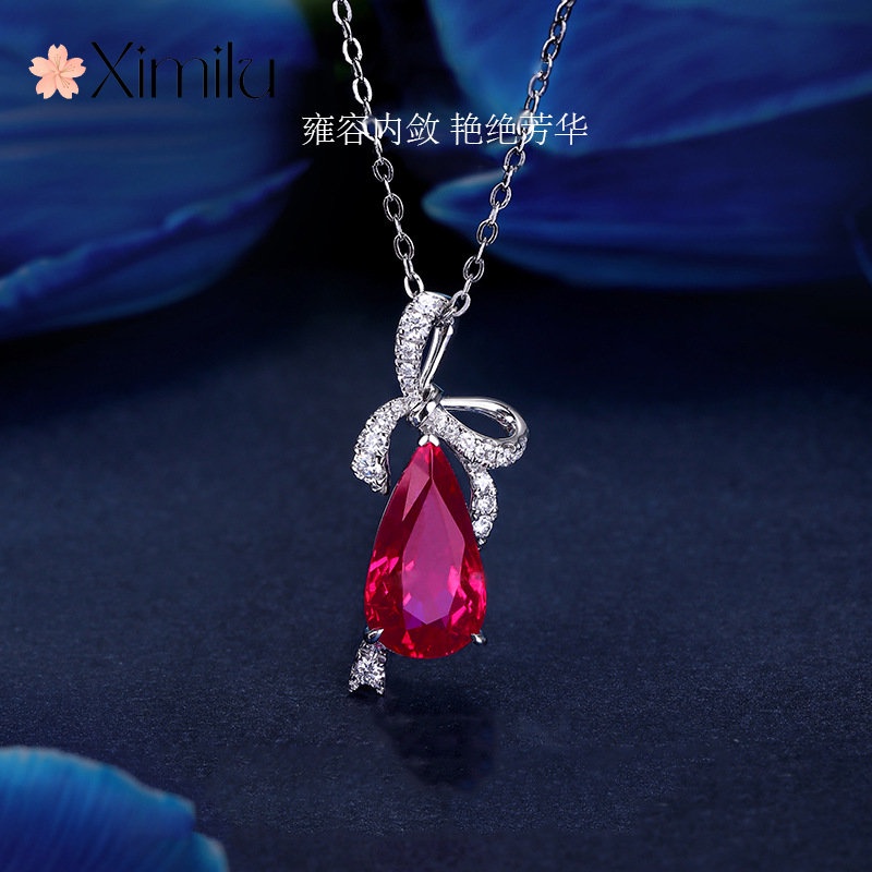 ♥ Dây Chuyền Mạ Bạc Mặt Hình Giọt Nước Đính Đá Pha Lê Đỏ Hồng