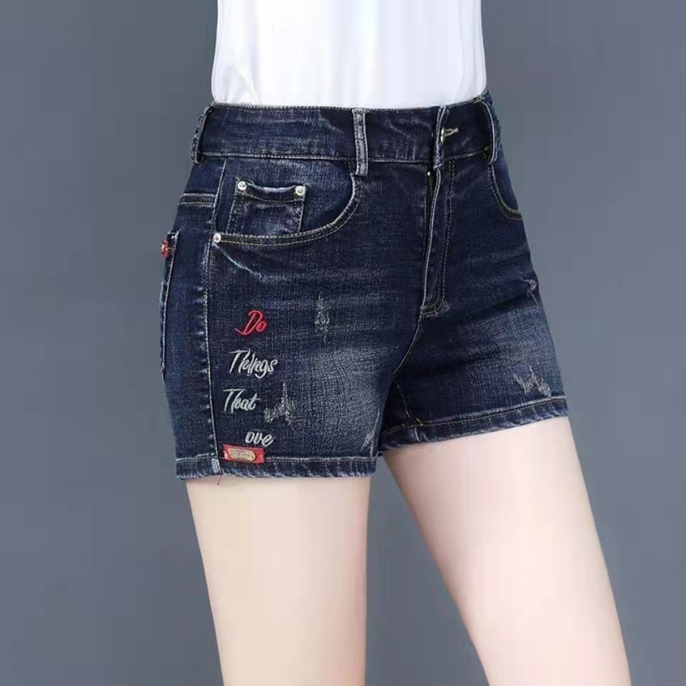 Quần Short Denim Lưng Cao Dáng Rộng Co Giãn Tốt Thêu Họa Tiết Thời Trang Mùa Hè Cho Nữ