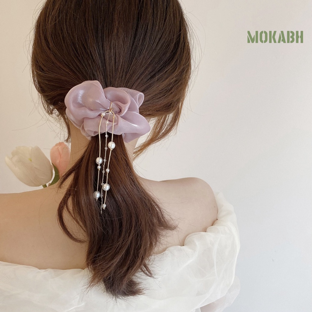 Dây Cột Tóc Satin Co Giãn Tốt Màu Trơn Đính Ngọc Trai Giả Xinh Xắn Cho Nữ