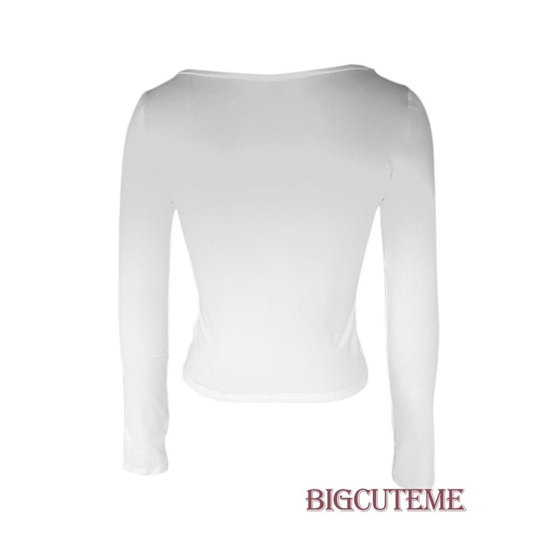 [] Áo Thun Tay Dài Cổ Xẻng Thắt Nơ Trước Dáng Ôm Màu Trắng / Đen Cơ Bản Dành Cho Bạn Nữ