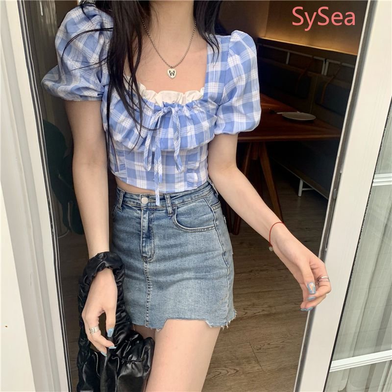 Áo Kiểu Tay Phồng Cổ Vuông Họa Tiết Sọc Caro Thời Trang Mùa Hè