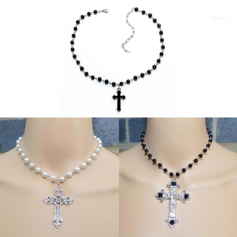 Vòng Cổ Choker Mặt Thánh Giá Đính Ngọc Trai Nhân Tạo Phong Cách Gothic Cho Nam Và Nữ