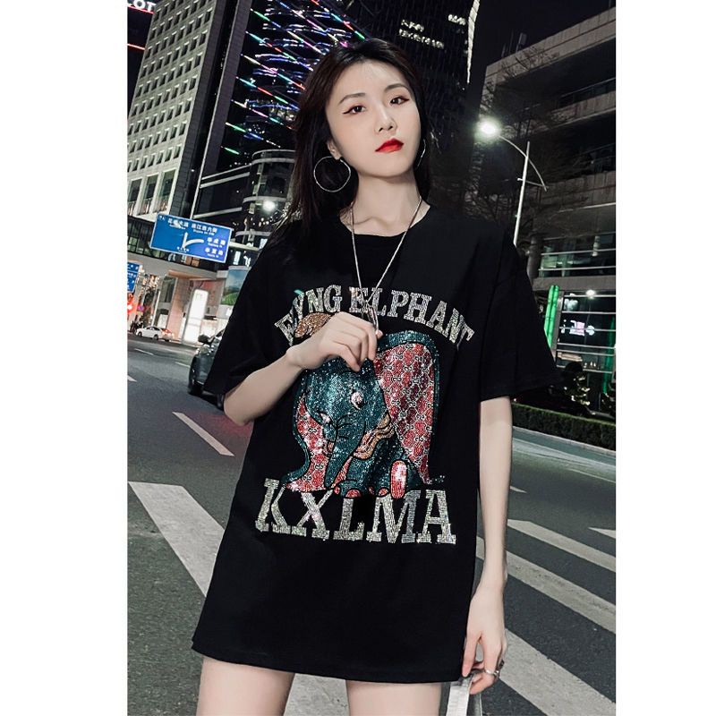 Áo Thun Tay Ngắn Dáng Rộng In Chữ Hoạt Hình Đính Đá Thời Trang Mùa Hè Cho Nữ Từ 2-150kg