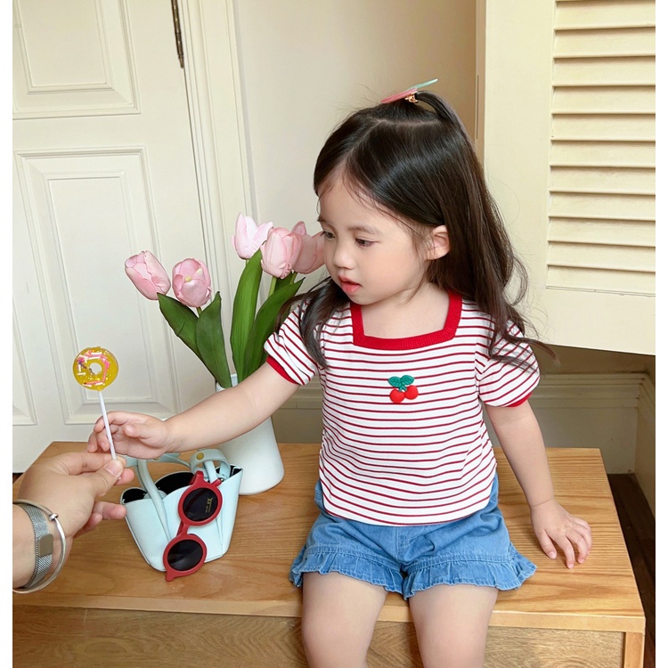 Áo Thun Ngắn Tay Cổ Vuông Thời Trang Mùa Hè 2023 Dành Cho Bé Gái