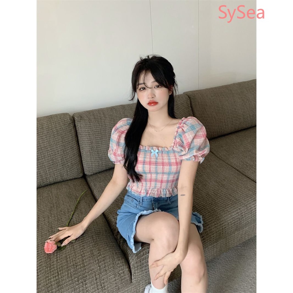 Áo Kiểu Tay Phồng Họa Tiết Sọc Caro Phong Cách Pháp