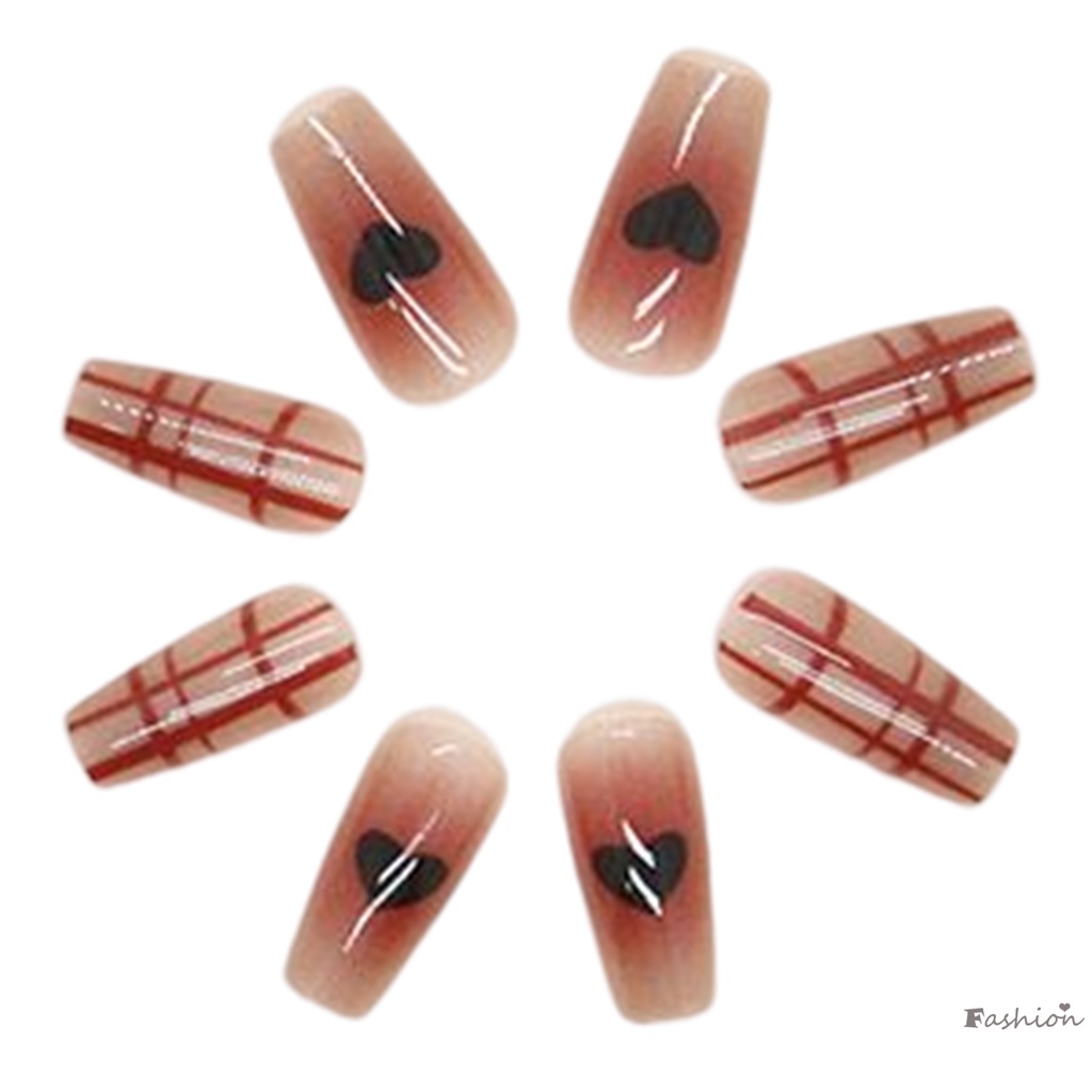 Móng Tay Giả Mỏng Che Phủ Toàn Diện Họa Tiết Trái Tim Kẻ Sọc