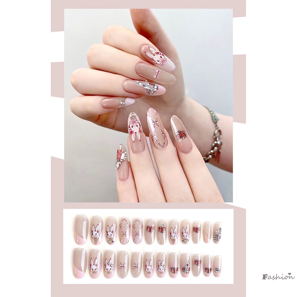 Bộ Móng Tay Giả Màu Hồng Hình Thỏ Dễ Thương Bền &amp; Không Bao Giờ Xẻ Tà