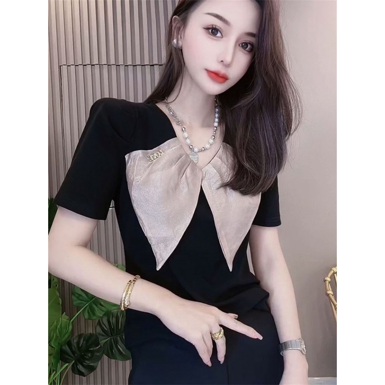 Áo Thun Cotton Mỏng Mùa Hè Cổ Chữ V Thắt Nơ Ghép Màu Tương Phản Thời Trang Cho Nữ