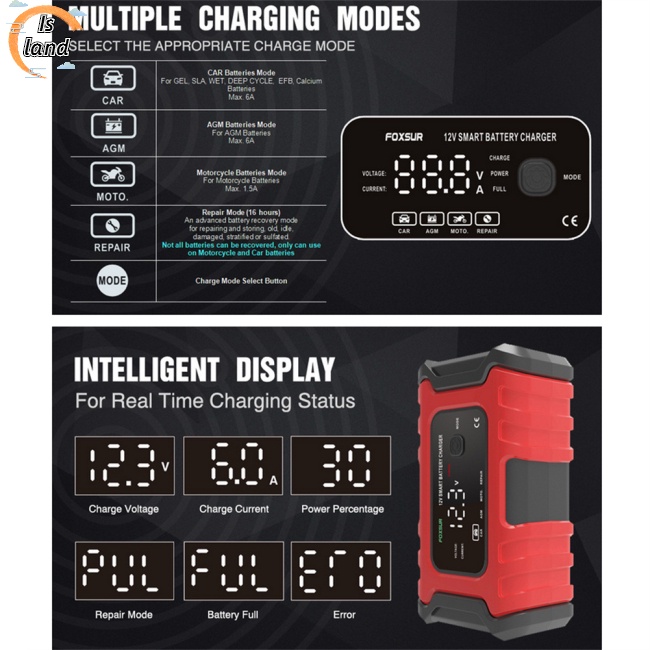 Bộ Sạc Pin Thông Minh Tự Động 12v 6a Có Màn Hình Led Hiển Thị Kỹ Thuật Số Cho Xe Hơi / Xe Máy