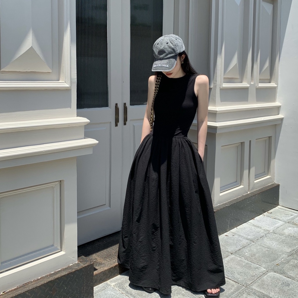 Đầm Dài Vừa Cổ Tròn Không Tay Hở Lưng Màu Sắc Đơn Giản Thời Trang Mùa Hè Hàn Quốc 2023