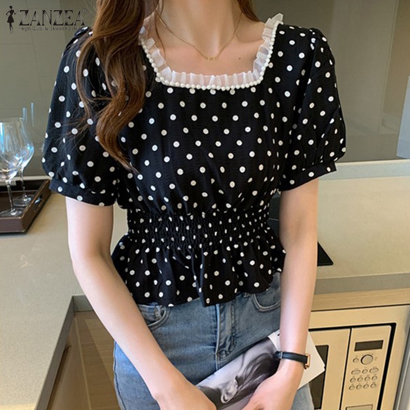 ZANZEA Áo Kiểu Cổ Vuông Tay Phồng Lưng Thun Thời Trang Hàn Quốc Cho Nữ