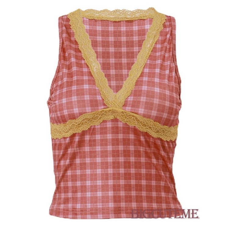 Áo Lửng Không Tay Cổ Chữ V Họa Tiết Caro Thời Trang Nữ