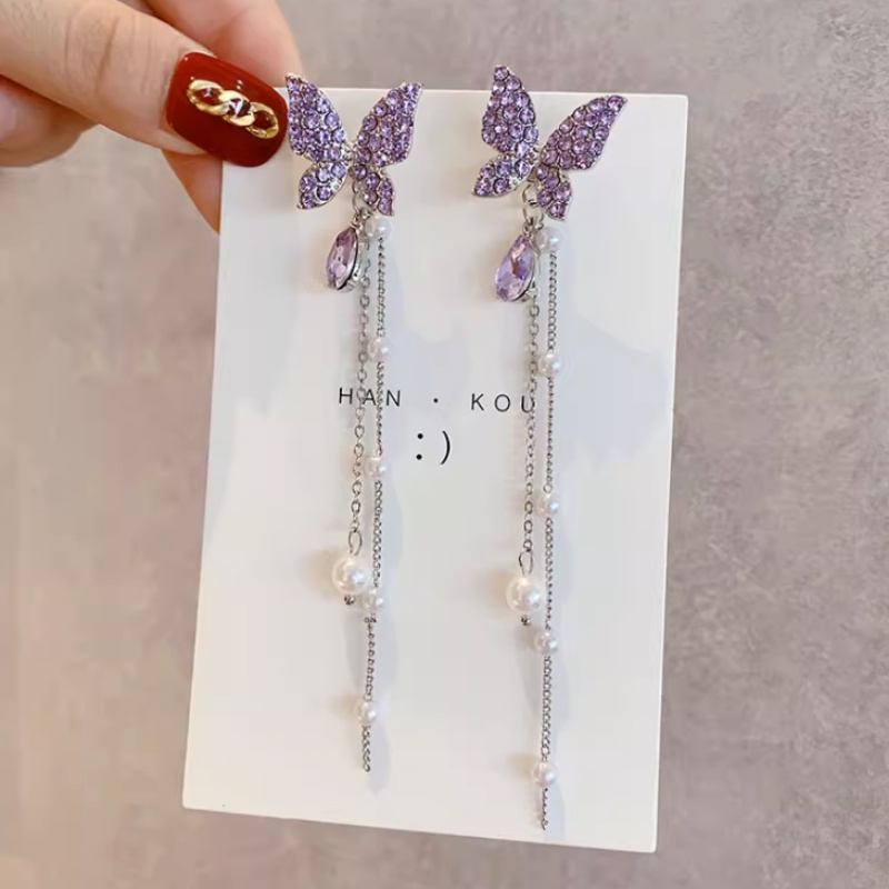 Bông Tai Tua Rua Hình Bướm Màu Tím Đính Đá Pha Lê Hai Chiều Phong Cách Hàn Quốc Dễ Thương Cho Nữ
