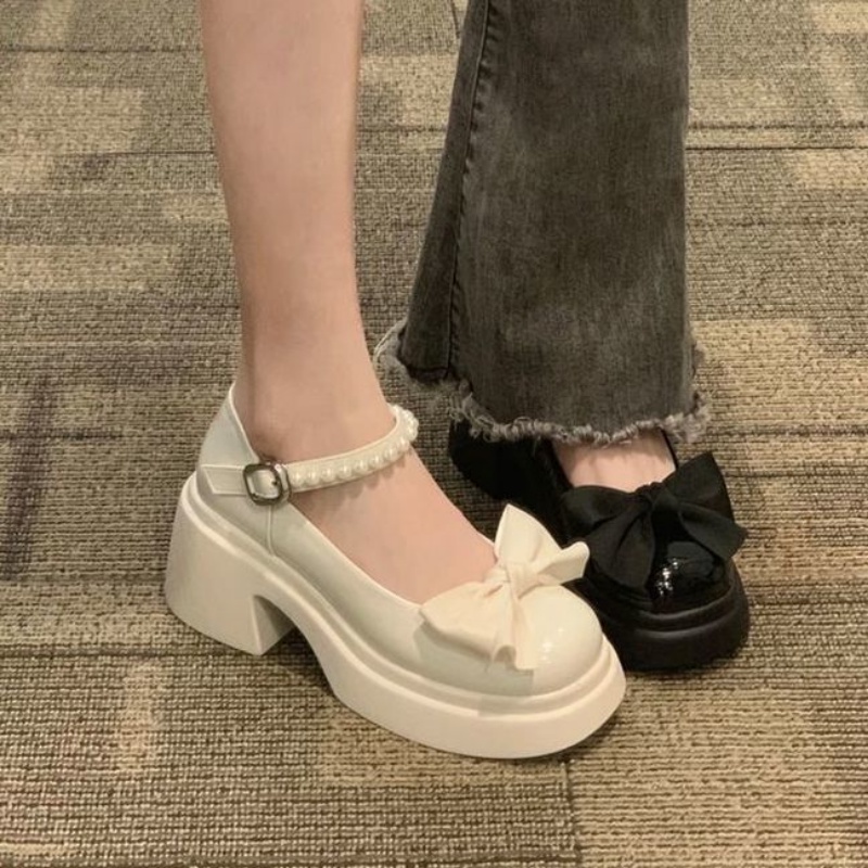 Giày Búp Bê Đế Dày Mũi Vuông Đính Nơ Ngọc Trai Phong Cách Lolita