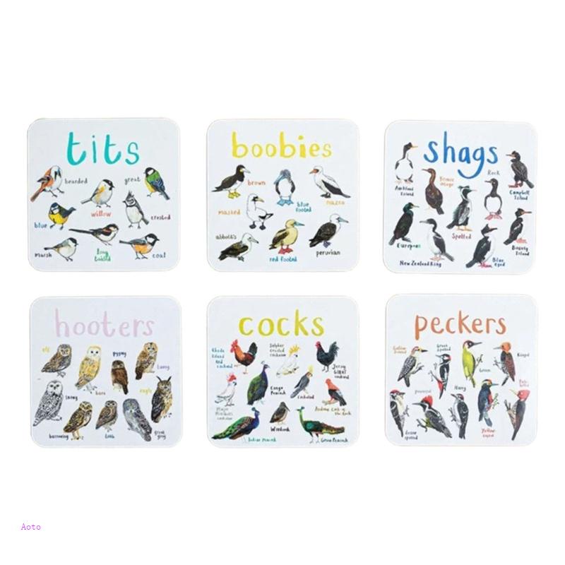 Aoto Set 6 Tấm Lót Cốc Hình Vuông Họa Tiết Chim Pun Có Thể Tái Sử Dụng