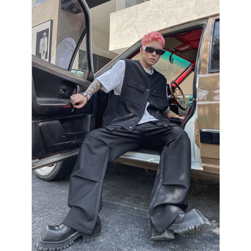 Áo Khoác Sát Nách Dáng Rộng Phối Túi Lớn Tùy Chỉnh Thời Trang Xuân Thu Cá Tính Cho Nam