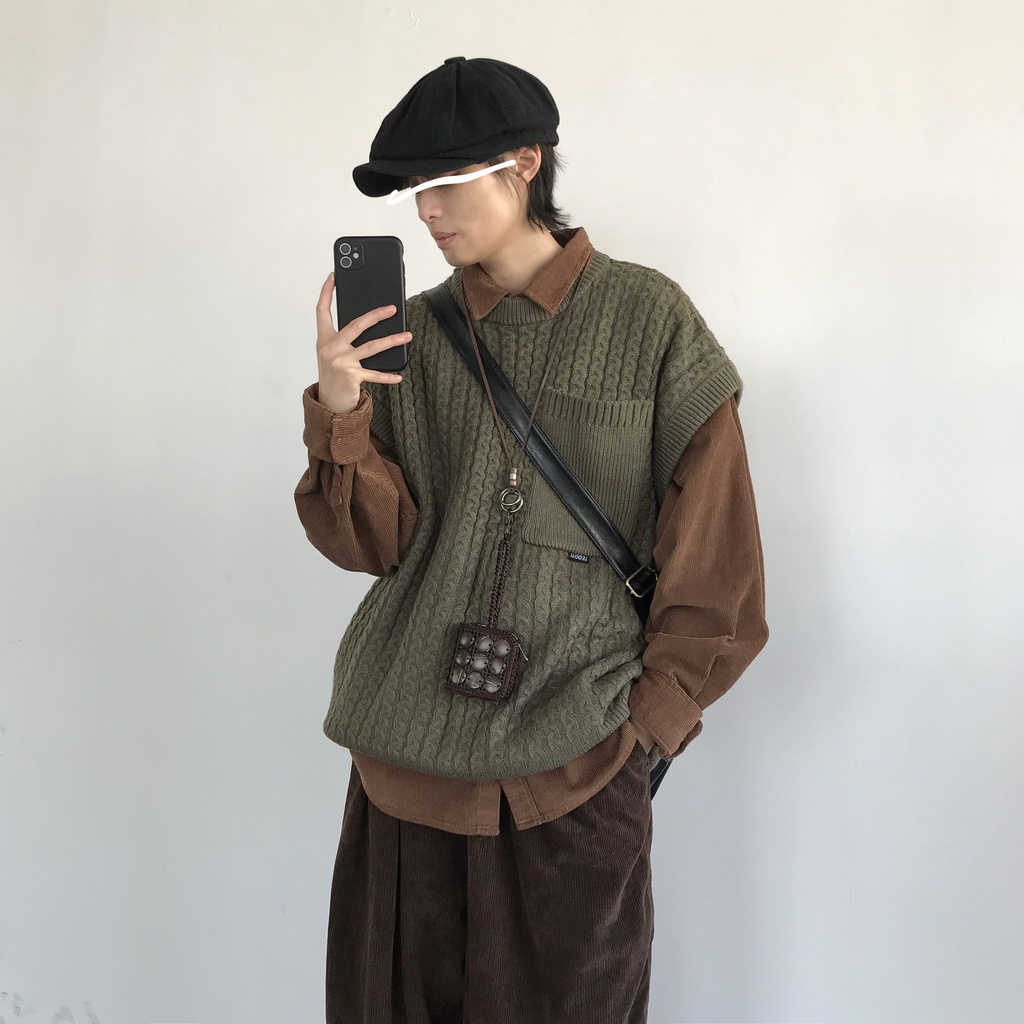 Áo Sweater Dệt Kim Không Tay Dáng Rộng Phong Cách Nhật Bản Thời Trang Thu Đông Mới Cho Nam