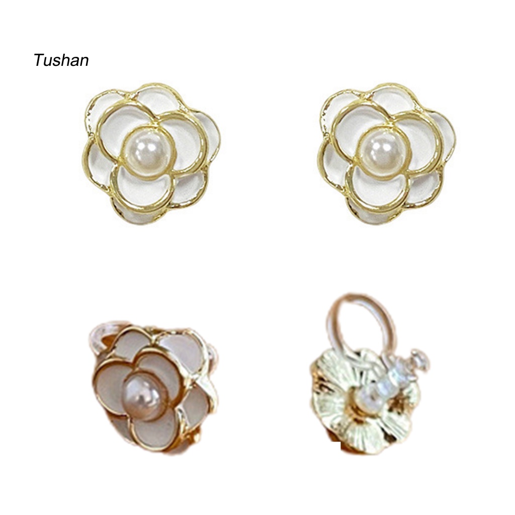 1 Đôi Bông Tai Hình Hoa Trà Đính Ngọc Trai Giả Phong Cách Hàn Quốc Dành Cho Nữ