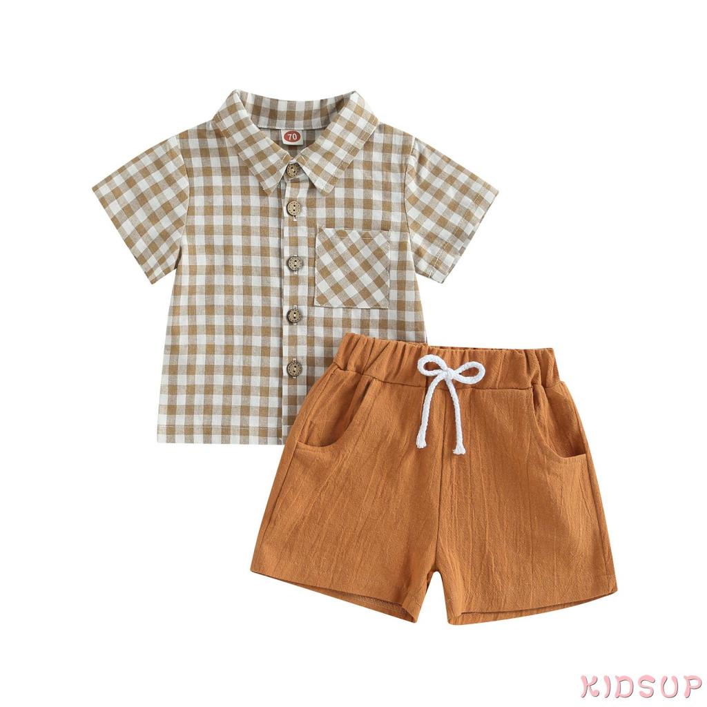 Set Đồ Mùa Hè 2 Món Gồm Áo Sơ Mi Tay Cộc Cài Nút + Quần Ngắn Có Dây Rút Cho Bé Trai