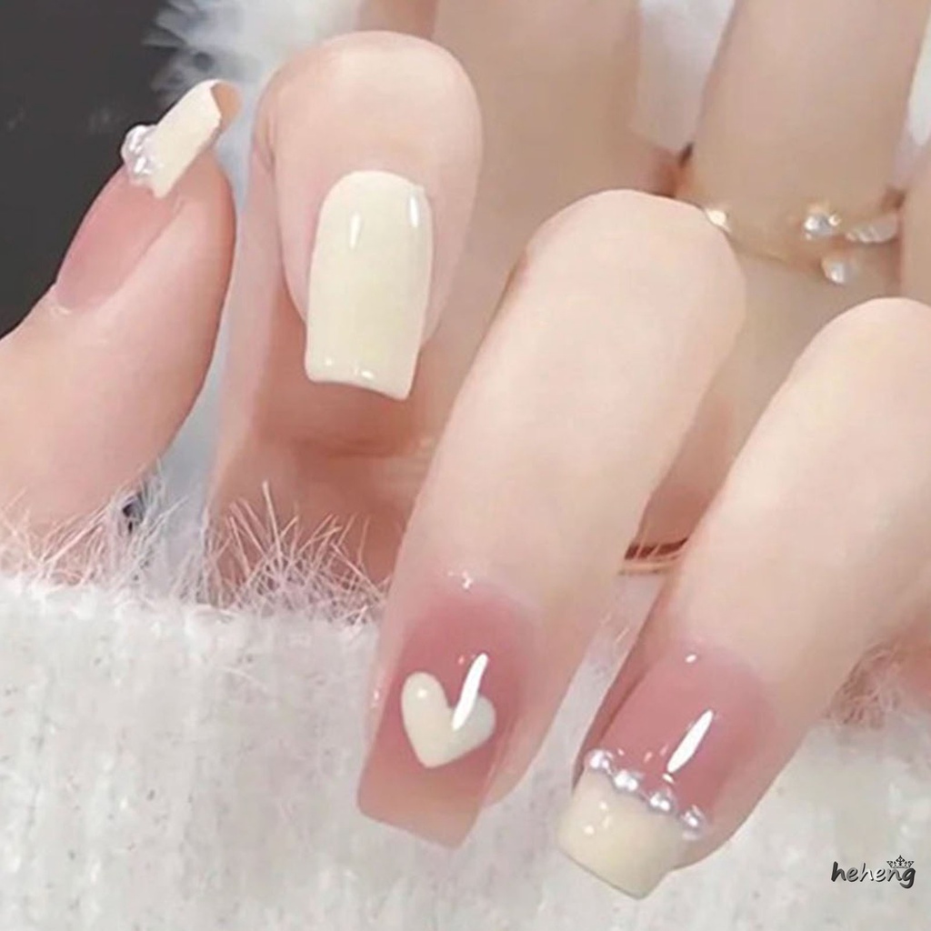 Móng Tay Giả Mỏng Dạng Nhấn Màu Hồng Trong Suốt Đính Ngọc Trai Dễ Sử Dụng