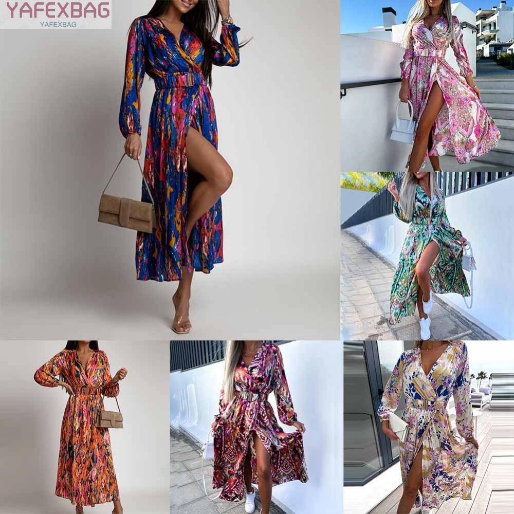Đầm DàI Cổ Chữ V In HọA TiếT Vintage ThờI Trang Cho Nữ