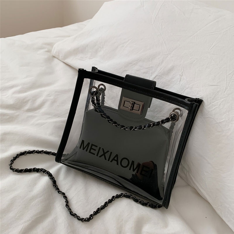 Túi Đeo Chéo Trong Suốt Phối Dây Xích Phong Cách Hàn Quốc Thời Trang Cho Nữ