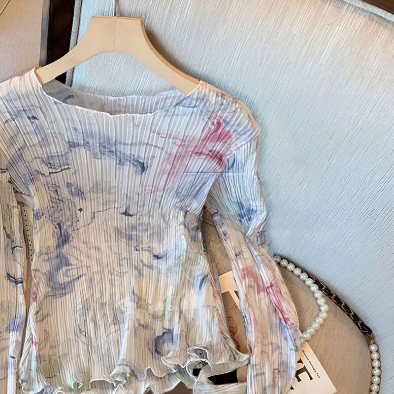 Áo Sơ Mi Chiffon Tay Dài Xếp Ly Nhuộm Màu Retro Thời Trang Mùa Hè Cho Nữ