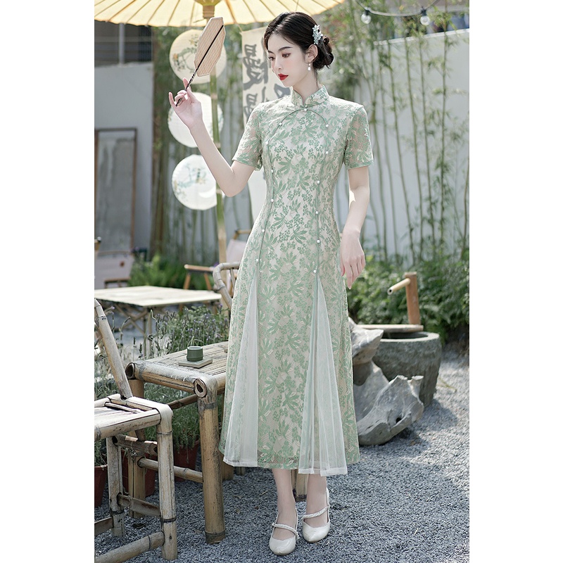 Đầm Sườn Xám Cách Tân Dáng Ôm Phối Ren Màu Tím / Xanh Lá Thời Trang Mùa Hè Phong Cách Trung Hoa Cổ Điển Qipao S