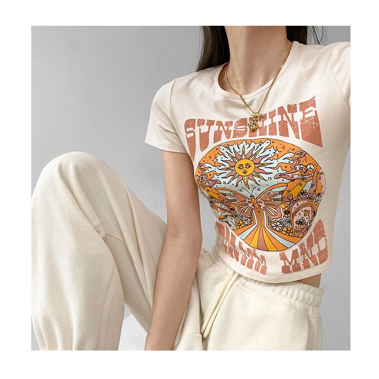Y2k Áo Baby Tee Thun Croptop Nữ  Tay Ngắn Hở Rốn Ôm Dáng In Họa Tiết Bướm Mặt Trời Phong Cách Âu Mỹ Thời Trang Mùa Hè Mới Dành Cho