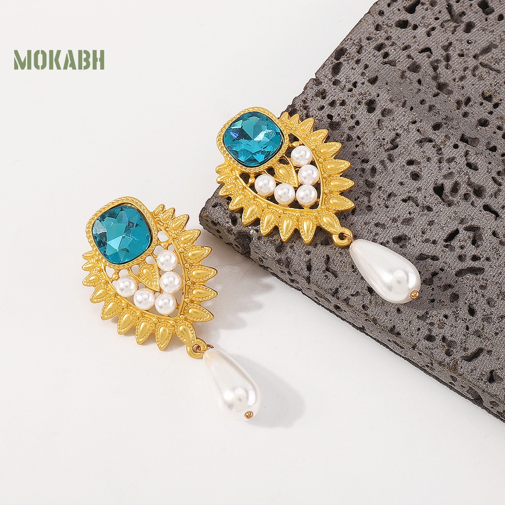 1 Đôi Bông Tai Đính Đá Ngọc Trai Nhân Tạo Màu Xanh Dương Phong Cách Thời Trung Cổ Thời Trang